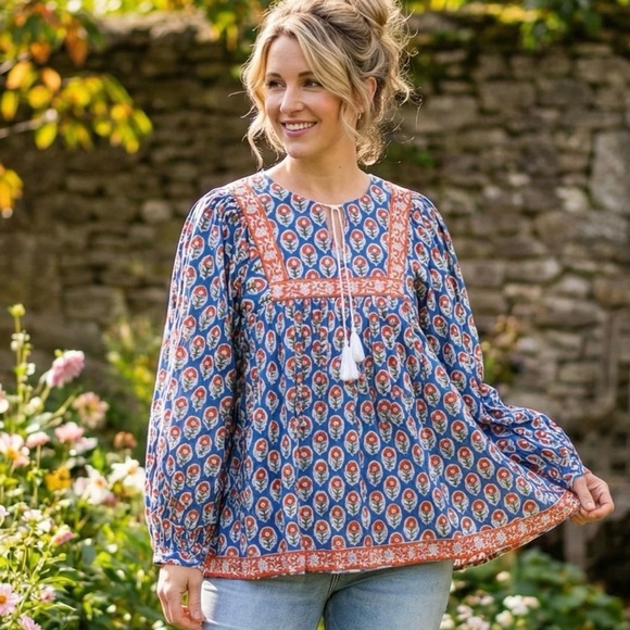 karin Tops - Karni Boho Blockprint Tunic Blouse Size XXL Tassel Ties